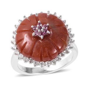 Red Jade, Rhodolite Garnet, Zircon Flower Ring in 925 Sterling Silver
